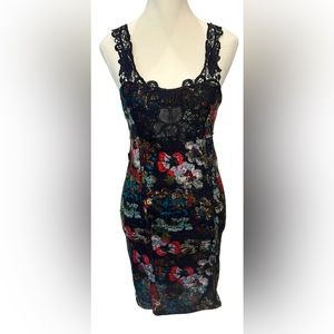FREE PEOPLE knit floral Bodycon black red dress w/ lace & leatherette detailing